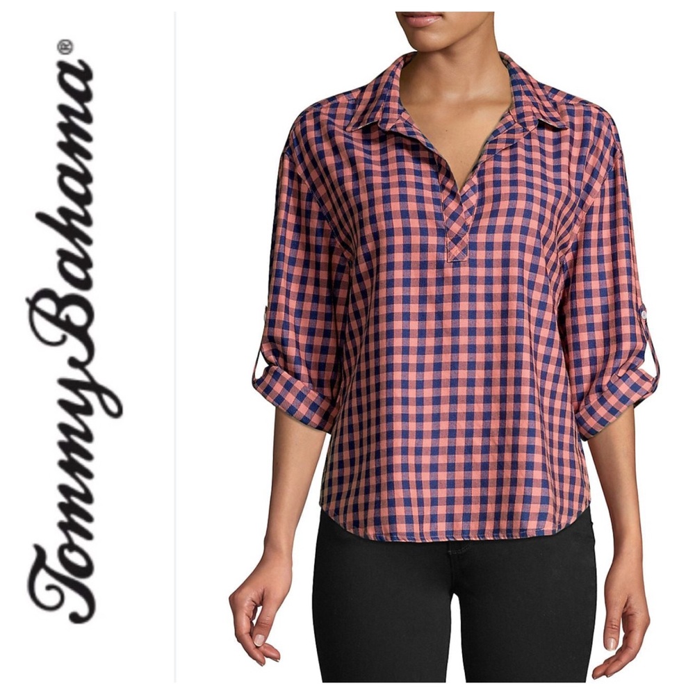 TOMMY BAHAMA BONITA CHECK PRINT POPOVER BLOUSE WOMENS SIZE SMALL